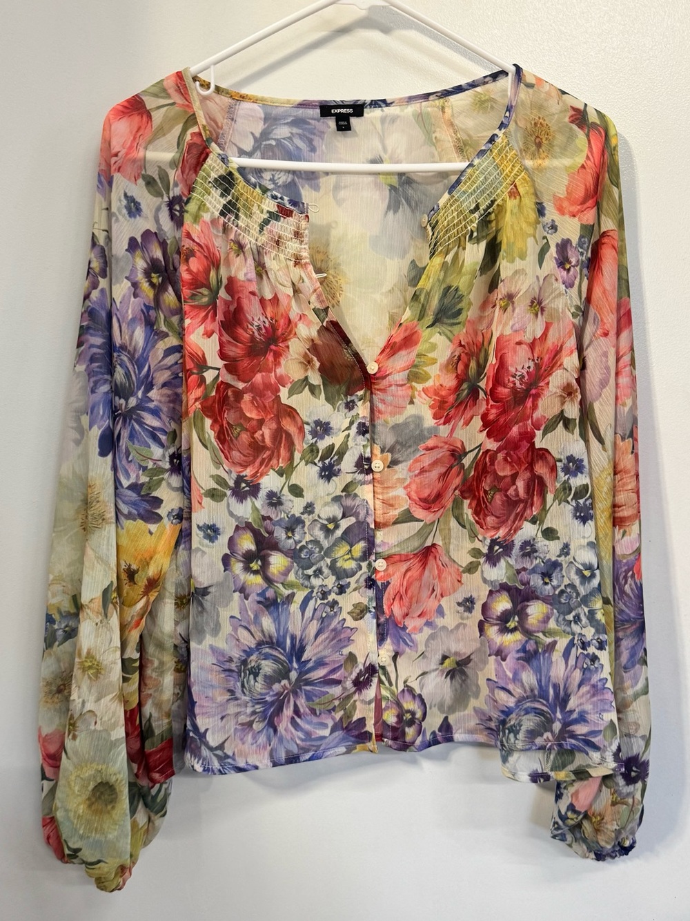 Express Sheer Floral Button-Front Blouse in Red, Purple, Yellow, Green Everyday